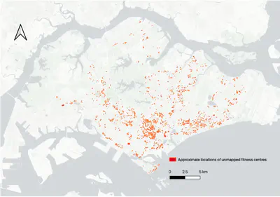 Approximate locations of unmapped fitness centres in Singapore, which have been discovered by Xinyu's approach of analysing real estate information.