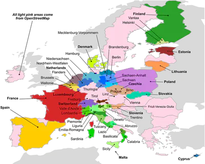The 50 input datasets parsed to generate Eubucco v0.1. Bold font indicates country-level datasets, while normal font indicates region- or city-level datasets. Datasets for a same country are designated with different tones of the same color. All areas where OpenStreetMap was used as basis for the building footprints are colored in light pink.