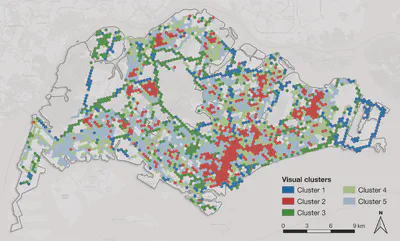 Spatial distribution of the five visual clusters across Singapore. The clusters show distinct spatial patterns: Cluster 1 (blue) primarily follows major highways, Cluster 2 (red) concentrates in dense urban areas and town centers, Cluster 3 (green) follows green corridors, while Clusters 4 (light green) and 5 (light blue) represent different types of residential areas distributed throughout the city.
