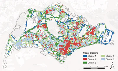 Spatial distribution of the five visual clusters across Singapore. The clusters show distinct spatial patterns: Cluster 1 (blue) primarily follows major highways, Cluster 2 (red) concentrates in dense urban areas and town centers, Cluster 3 (green) follows green corridors, while Clusters 4 (light green) and 5 (light blue) represent different types of residential areas distributed throughout the city.